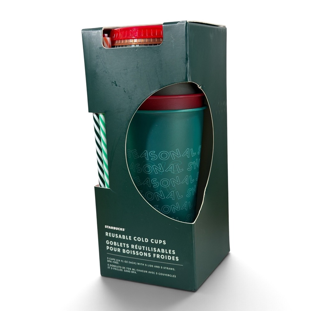 Starbucks 2019 Reusable Cold Cups Set 24oz 5pk Green Red Holiday Festive NIB